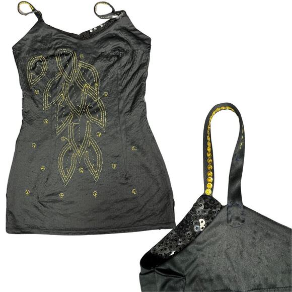 Beaded Sequin Womens Mini Dress Bodycon Party Cocktail Evening S/M Black Gold - Picture 10 of 10